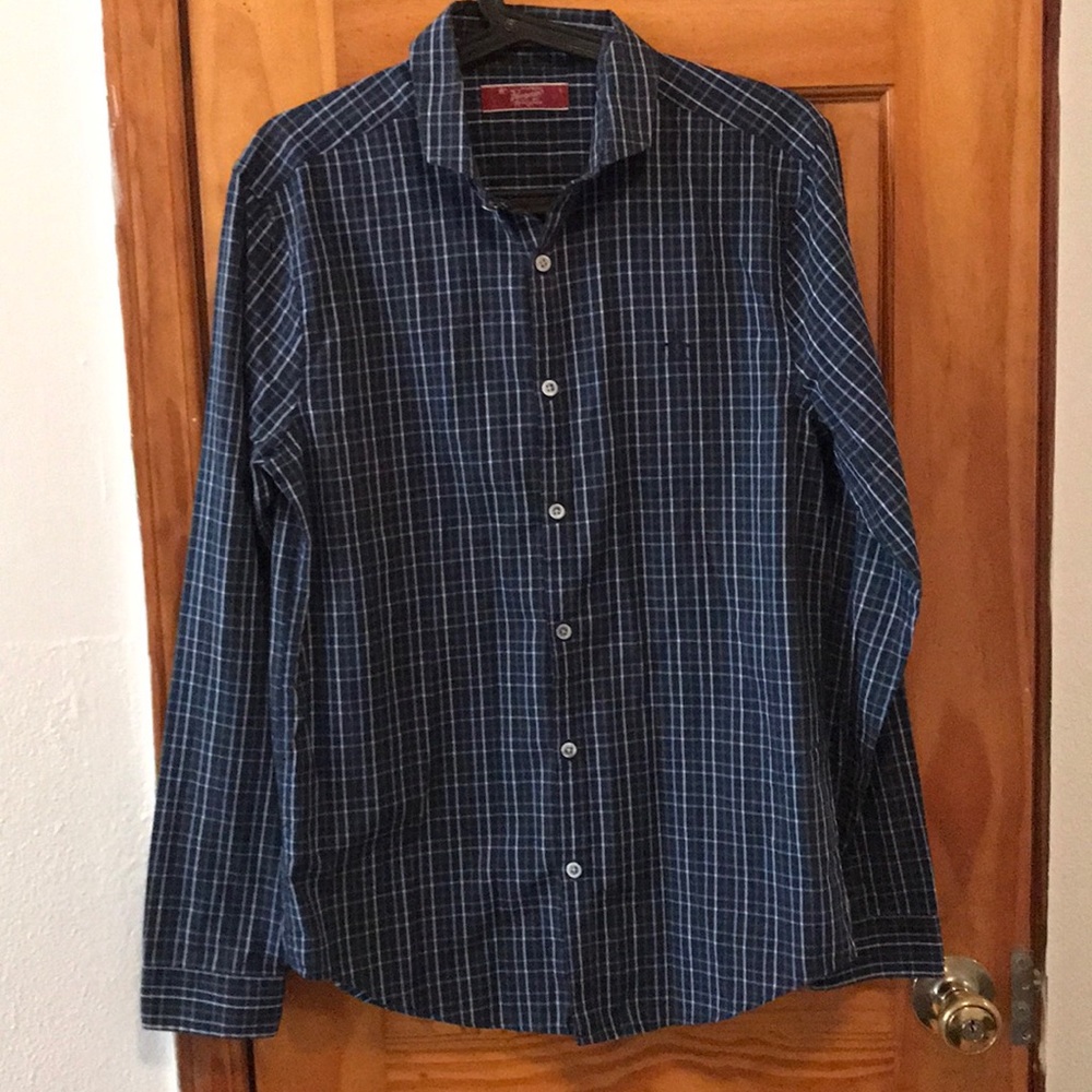 Men’s penguin dark blue checkered dress shirt